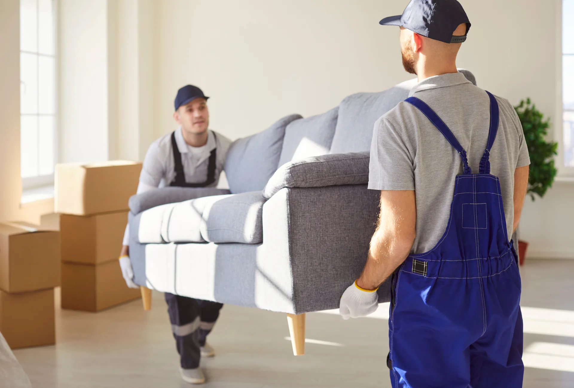 Möbelpacker tragen gemeinsam ein Sofa